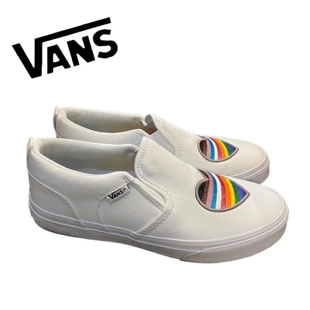 NEW Vans Women's Asher Pride Glitter White Heart Slip-on Sneakers 5 5.5 6 11